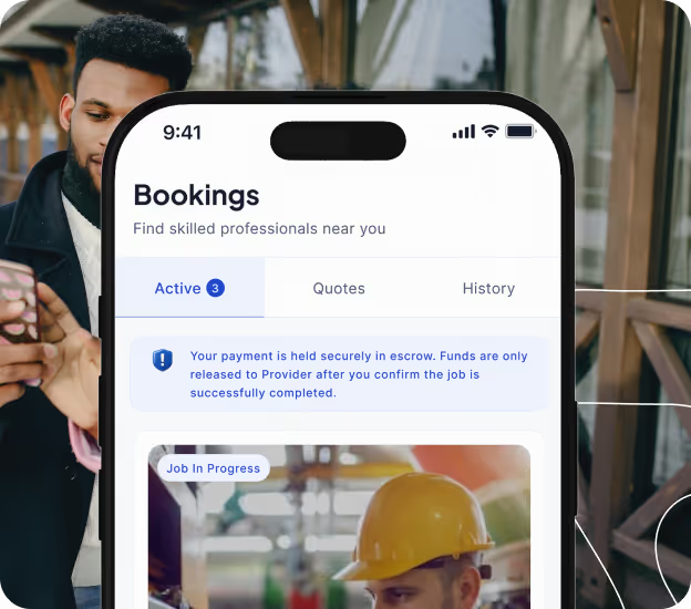 Mobile screen showing a bookings app with active jobs, payment escrow notice, and a construction worker image.